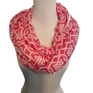 Talbots NEW Infinity Scarf Womens Pink White Celtic Knot Print Pom Pom Trim Soft